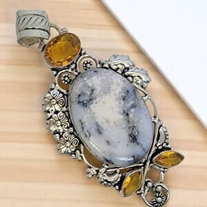 Dendritic Agate Pendant with Yellow Gems – Ornate Sterling Silver Necklace